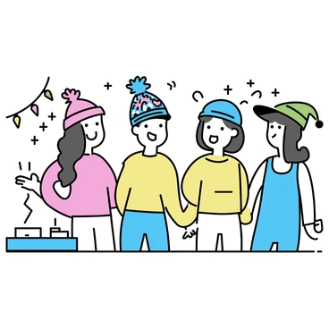 A group of four friends standing together at an outdoor party. Each friend is wearing a unique crochet hat in bright colors. One friend has a red hat with a pom-pom on top, another has a blue hat with a floral pattern, the third has a yellow striped hat, and the last has a green hat with ear flaps. They are smiling and laughing, surrounded by string lights hanging in the background and colorful decorations scattered around. A picnic table with snacks and drinks is visible to the side.