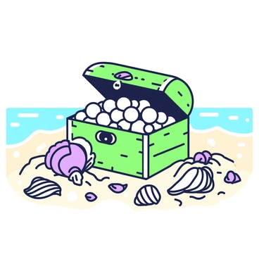 A pirate's treasure chest made of aged wood is sitting on a sandy beach. The chest is open and spilling over with an assortment of shiny pearls in various sizes. Surrounding the pearls are elaborate shells featuring intricate patterns and textures, creating a rich scene. Some of the shells are partially buried in the sand, while others are clearly visible, showcasing their unique shapes. In the background, gentle waves can be seen lapping at the shore, adding to the beach atmosphere.