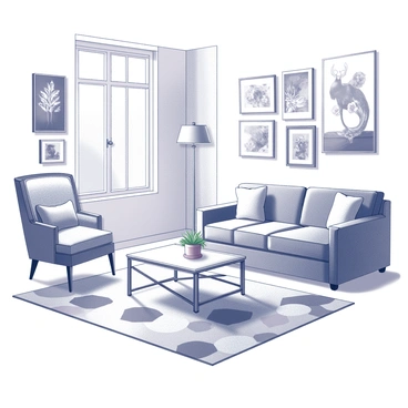 A chambre featuring an eclectic arrangement of furniture and decor. The room includes a vintage armchair with floral upholstery, paired with a sleek modern coffee table made of glass and metal. A patterned area rug is placed on the floor, showcasing various geometric shapes. The walls are adorned with an array of framed artwork, each with unique designs, creating a vibrant visual interest. A large window allows natural light to fill the space, illuminating the various textures and patterns throughout the room.
