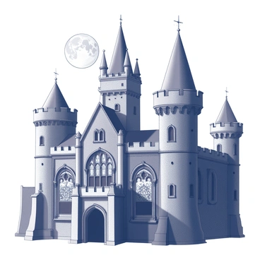 A gothic castle stands tall against the backdrop of a night sky illuminated by a bright moon. The castle features high, pointed towers and ornate battlements. Its walls are adorned with intricate patterns and carvings, showcasing the architectural style of the gothic era. Large, stained glass windows are set into the stone structure, displaying detailed designs that hint at stories from the past. Shadows cast by the moonlight create a dramatic effect around the castle, enhancing its mysterious presence.