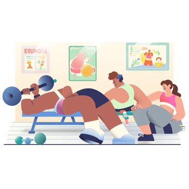 A classic gym scene features several people performing hip thrusts. In the center, a man with a muscular build and short dark hair is lying on a bench with his back supported, lifting a barbell with both hands. He is wearing a fitted white tank top and black shorts. Nearby, a woman with long brown hair tied in a ponytail is also performing hip thrusts on the floor, wearing a red sports bra and gray leggings. On the walls are vintage-style posters depicting exercises and fitness tips. The gym floor is made of wooden planks, and there are weights and gym equipment scattered around the room, creating an active atmosphere. The lighting is warm and inviting, enhancing the vintage feel of the scene.