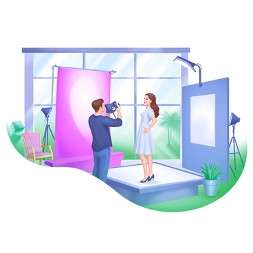 A bright and airy photo studio filled with natural light streaming in through large windows. In the center, a photographer is capturing portraits of a model. The photographer holds a camera and is focusing intently on the model. Surrounding them are soft, pastel-colored backdrops in shades of pink and blue. Various lighting equipment and tripods are positioned throughout the studio, and there are props like a vintage chair and potted plants to create an inviting atmosphere. The model is posed in front of the backdrop, sporting an elegant outfit, with a gentle smile.