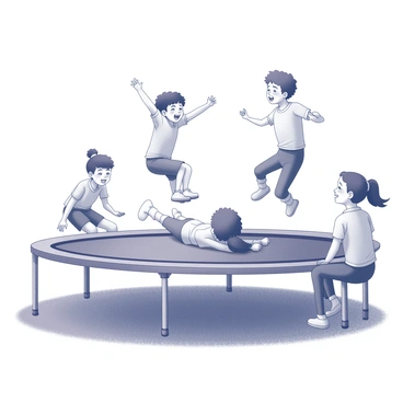 A group of four friends is gathered on a large trampoline. One friend is lying flat on their stomach with arms outstretched, pretending to fly, their body slightly elevated off the surface of the trampoline. The other three friends are positioned around them, with one jumping excitedly, another crouching down playfully, and the last one laughing as they watch. The scene captures the dynamic energy of their movements and interactions. The background shows a simple, grassy area, emphasizing the playful atmosphere of the moment.