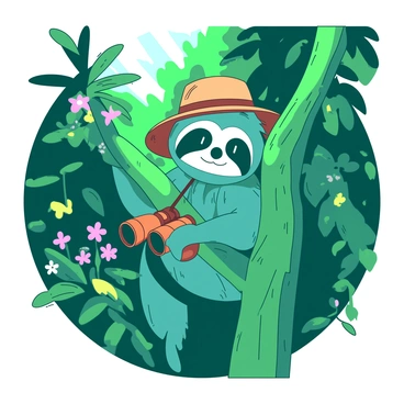 A teal sloth wearing a small brown hat is hanging from a thick green branch in a dense jungle. The sloth has a pair of orange binoculars around its neck, resting against its furry chest. Lush green leaves surround the sloth, and vibrant flowers can be seen peeking through the foliage. Sunlight filters through the canopy, casting interesting shadows on the ground below. The sloth is curiously looking through the binoculars, as if observing the wildlife around it.