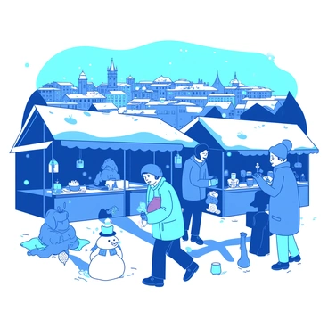 A blue snowy scene captures the cityscape of Belgrade, with traditional architecture partially covered in white snow. In the foreground, several people dressed in colorful winter clothing are joyfully browsing stalls at a winter market. The stalls are adorned with decorative lights and offer various goods, including handmade crafts and warm beverages. A couple of children are building a small snowman nearby, while others are sipping hot chocolate. The gentle flurries of snow add to the festive atmosphere.