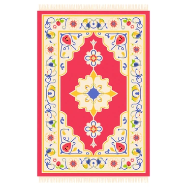 An illustration of a Persian rug with elaborate designs and patterns woven into it