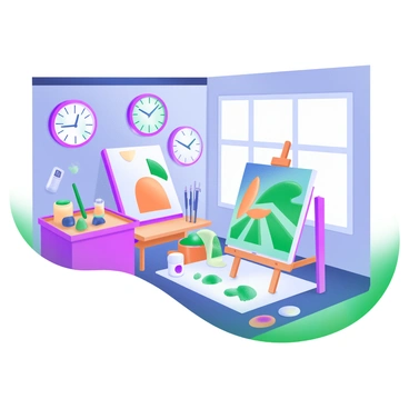 A modern pastel illustration of an artist's studio filled with various art supplies and canvases. The room features multiple clocks on the wall, each showing different time zones, signifying a race against time. The clocks are designed with distinct styles, some round and some square, each displaying different numbers and hands pointing at varying times. There are splashes of paint on the floor, and a large canvas depicts an abstract painting in progress. A large window allows natural light to flood the space, highlighting the vibrant colors of the artwork.