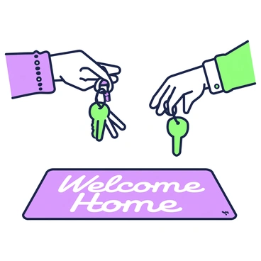 Two hands are reaching out to exchange a set of keys. One hand is on the left, and it is holding a small bunch of keys with a keychain attached. The other hand is on the right, stretching to receive the keys. In the foreground, a "Welcome Home" mat is visible, lying flat on the ground, with clear lettering. The scene is simple, focusing entirely on the interaction between the hands and the mat.