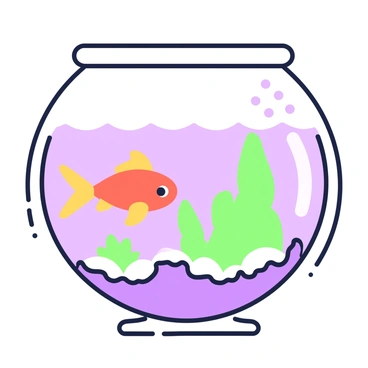 A large, round glass bowl is filled with clear water. Inside the bowl, a tiny goldfish swims gracefully, its fins fluttering as it moves through the water. The fish is surrounded by small pebbles that rest on the bottom of the bowl. A few green aquatic plants are positioned at various angles, providing a natural habitat for the fish. Light reflects off the glass, creating subtle ripples on the surface of the water.