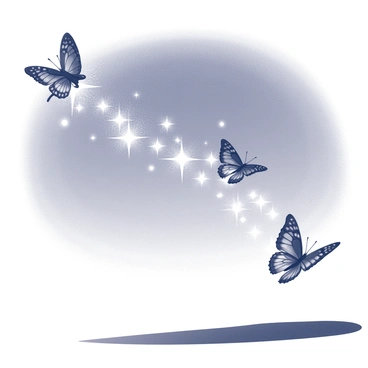 A whimsical scene depicting a sky filled with butterflies. The butterflies are fluttering gracefully, each one displaying intricate patterns on their wings. As they soar through the air, they begin to transform, morphing into stars that twinkle brightly. The transition from butterfly to star is smooth and enchanting, capturing the moment of transformation. Below, a tranquil landscape is visible, complementing the magical atmosphere of the night.
