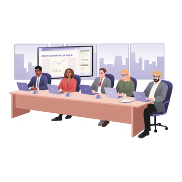 A digital flat illustration depicting a panel of five experts seated at a long conference table. The panel includes a woman with short black hair wearing glasses, a man with medium skin and a beard in a navy suit, a woman with curly brown hair in a red blouse, a man with light skin and glasses in a grey suit, and a woman with long straight blonde hair in a green dress. Each expert has a laptop open in front of them and is looking at documents. A large screen in the background displays a chart with various financial graphs and the text "State Economic Plan Review". A notepad and pen are placed in front of each expert along with cups of coffee. The setting has a modern office feel, with large windows showing a city skyline.