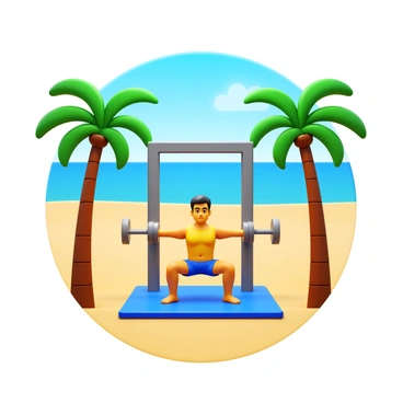 A person performing squats in an open-air gym located on a beachfront. The individual is wearing workout attire, with a focused expression. Surrounding the gym are palm trees gently swaying in the breeze. The sandy beach is visible in the background, along with a clear blue sky above.