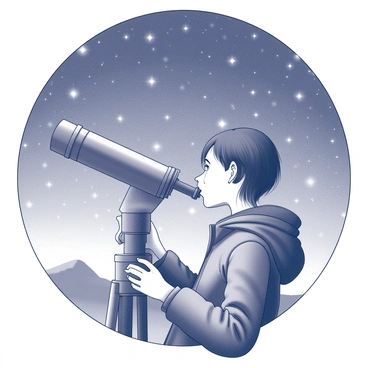 A young astronomer is positioned outdoors, studying a telescope. The astronomer is wearing a warm jacket, and their hair is slightly tousled by a gentle breeze. The telescope is mounted on a sturdy tripod, angled towards the night sky. Above, the clear sky is filled with countless stars, each twinkling brightly against the dark backdrop. The astronomer's gaze is focused intently through the telescope, with a look of curiosity and wonder. In the distance, a silhouette of a small hill is visible, enhancing the sense of being in a vast, open space.