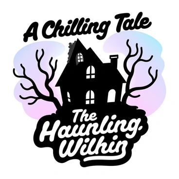 A dark silhouette of a haunted house stands against a gradient of pastel colors transitioning from deep purple at the top to a soft pink at the bottom. The house features a steep roof, broken windows, and a crooked chimney, emphasizing its eerie nature. Surrounding the house are twisted, bare trees reaching outwards, their branches creating a stark contrast against the colorful background. "A Chilling Tale" is written in bold, distressed lettering at the top, while "The Haunting Within" is positioned at the bottom in a slightly smaller font, both in white to stand out against the vibrant hues.