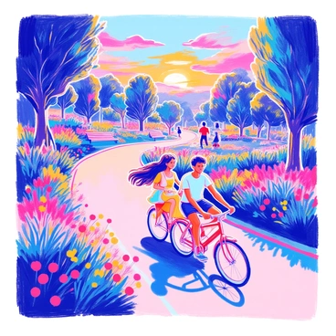A couple is riding bicycles along a winding path in a city park. The woman has long hair flowing in the wind and is wearing a light summer dress while the man is dressed in a casual t-shirt and shorts. The park is dotted with lush green trees and colorful flower beds lining the path. In the background, the sky is painted with vibrant hues of orange, pink, and purple as the sun sets on the horizon. The couple is smiling and enjoying their ride as the warm light casts soft shadows on the ground. The park benches and a few scattered people can also be seen in the background, adding to the lively atmosphere of the scene.