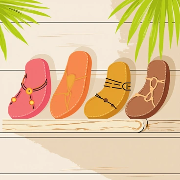 Handcrafted leather sandals in various earthy tones are displayed on a rustic wooden shelf. The shelf has a weathered texture, with visible grains and knots in the wood. The sandals showcase intricate stitching and unique designs, with some featuring decorative buckles and straps. Soft natural lighting casts gentle shadows on the sandals, enhancing their textures and colors. The background includes hints of green foliage, adding a touch of nature to the setting.