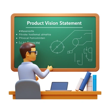A product owner standing in front of a chalkboard, writing a "product vision statement" in clear, bold letters. The chalkboard is filled with diagrams and bullet points that illustrate the vision. The product owner has a focused expression, wearing a casual shirt and glasses, with chalk dust on their hands. The setting includes a desk with a laptop and some notebooks nearby, creating an organized workspace atmosphere.