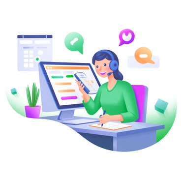 A modern pastel illustration featuring a customer care agent sitting at a desk with a headset on. The agent is smiling and holding a smartphone to their ear while taking notes on a notepad. On the desk, there is a computer screen displaying a customer database with a list of issues. Surrounding the agent are colorful icons representing communication, such as a speech bubble, a check mark, and a thumbs-up. In the background, there is a calendar and a potted plant adding a fresh touch to the office environment.