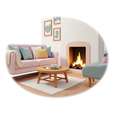 A cozy living room featuring a crackling fireplace with flames dancing inside. There are soft, plush blankets draped over a comfortable sofa with patterned cushions. In the center of the room, a wooden coffee table holds a steaming cup of tea, with a small plate of cookies beside it. The walls are adorned with warm-toned artwork, and the lighting is soft, creating an inviting atmosphere. A rug lies beneath the coffee table, adding texture to the wooden floor.
