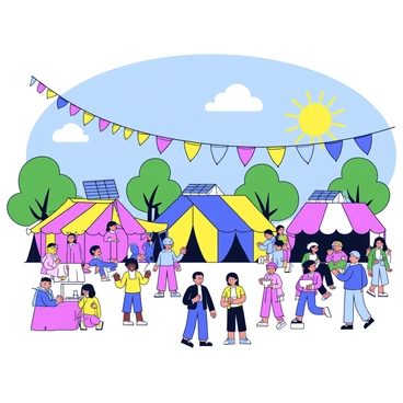 A vibrant festival scene featuring a variety of colorful tents and stalls. People are gathered, enjoying various activities and performances. Bright solar panels are visibly placed on the roofs of the tents, harnessing energy from the sun. There are balloons and decorations in various colors hanging throughout the area. In the background, a sunny blue sky complements the cheerful atmosphere. Festive lights are strung between trees, creating a welcoming ambiance as evening approaches.