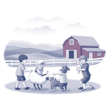 A group of children is engaging with various farm animals in a countryside environment. One child is gently petting a sheep, while another is playing with a cheerful goat that is jumping around. A third child holds a small piglet, smiling joyfully. In the background, there are rolling hills and a large red barn, surrounded by a white fence. The sky above is clear with a few fluffy clouds scattered throughout, creating a lively atmosphere of a sunny day on the farm.