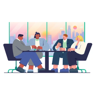 A group of four businesspeople is sitting around a sleek black table in a high-rise office. Two men and two women are engaged in a serious game of cards. One man, with short black hair and wearing a tailored gray suit, is leaning forward with a focused expression. The second man has light brown hair and a navy blue suit, and he is looking at his cards thoughtfully. One woman has long dark hair tied back in a bun and is dressed in a sophisticated white blouse and black pants, smirking confidently at her opponents. The other woman has shoulder-length blonde hair and is wearing a cream-colored blazer, smiling as she throws a few chips into the pot. Behind them, large floor-to-ceiling windows reveal a sprawling cityscape with skyscrapers and a colorful sunset sky, illuminating the office with a warm glow.