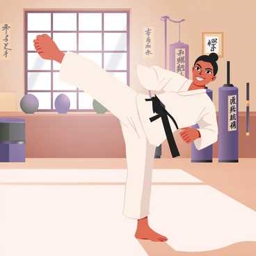 A martial artist performing a high kick in a dojo. The martial artist has medium skin, black hair tied in a bun, and is wearing a traditional white karate gi with a black belt. They are positioned in the center of the dojo, with one leg extended high, showcasing the kick. The dojo has wooden flooring and is adorned with Japanese calligraphy on the walls. In the background, there are several training dummies and a set of martial arts weapons displayed on a rack. Sunlight streams through a window, illuminating the scene.