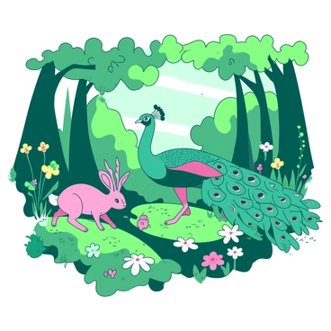 A collection of fantastical animals such as a peacock with colorful wings and a rabbit with antlers roaming a vibrant forest.
