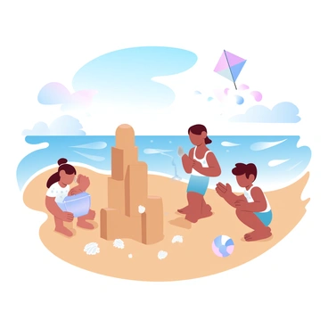 A sandy beach is filled with children happily building sandcastles. One child is shaping a tall sandcastle with a bucket and a spade, while another child adds decorative shells to the castle. Nearby, waves are gently crashing onto the shore, creating a rhythmic pattern of foam. A beach ball is lying on the sand, and a colorful kite is flying in the clear blue sky above. The sun casts warm light across the scene, enhancing the vibrant colors of the beach atmosphere.