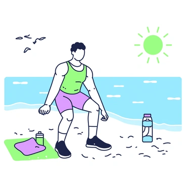 An athlete is performing a bodyweight squat on a sandy beach. The athlete has an athletic build and is wearing a fitted tank top and shorts. The background features a clear ocean with gentle waves, stretching into the horizon. The sun is shining brightly, casting shadows on the sand. Nearby, a beach towel is spread out, and a water bottle is resting on it. In the distance, a few seagulls are flying over the water.