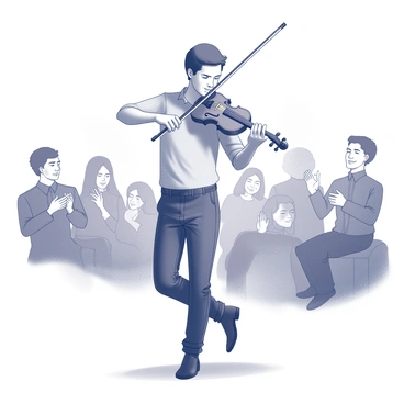 A musician expertly using a bow to play a fiddle in a lively performance