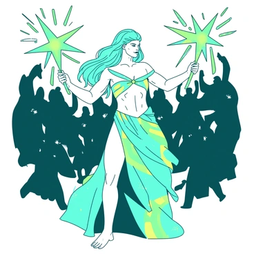 A celestial being with glowing white skin and flowing silver hair is standing tall, wielding two large shimmering stars as weapons, one in each hand. The being's attire consists of a flowing robe with intricate patterns that shimmer with shades of yellow and teal. Around them, dark forces with shadowy figures loom, their forms obscured and menacing. The celestial being is positioned in a dynamic pose, ready to strike, while the dark forces are advancing menacingly from the background. The scene is filled with energy, with bursts of light emanating from the stars and illuminating the surrounding darkness.