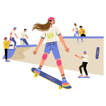 A woman wearing a bright red helmet and knee pads is skillfully skateboarding at a skate park. She has long, flowing brown hair that moves with the wind as she performs a trick. The skateboard features a vibrant graphic design with blue and green colors. In the background, there are concrete ramps and rails, along with graffiti art on the walls. Surrounding her are other skateboarders and spectators, all engaged in the energetic atmosphere of the skate park.