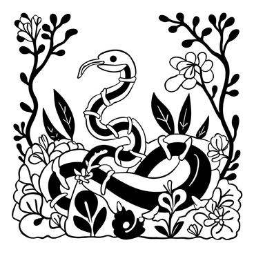 A snake skeleton coiled gracefully among a variety of flowers and twisting vines. The flowers have intricate petals and detailed textures, creating a sense of depth. The vines wrap around the bones in a natural manner, showing a harmonious blend of nature and structure. The background features silhouettes of trees with elaborate bark and leaves, adding to the enchanting atmosphere of the fairytale forest.