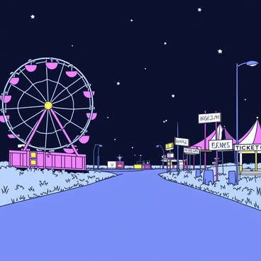 An abandoned carnival scene at night. The sky is dark with scattered stars. Rusted carnival rides loom in the background, including a Ferris wheel with missing seats and a carousel with peeling paint. Faded signs with illegible letters hang loosely on their posts. Overgrown grass and weeds surround the pathways, and an old ticket booth stands empty. The faint glow of a distant streetlight casts shadows across the scene, adding to the eerie atmosphere.