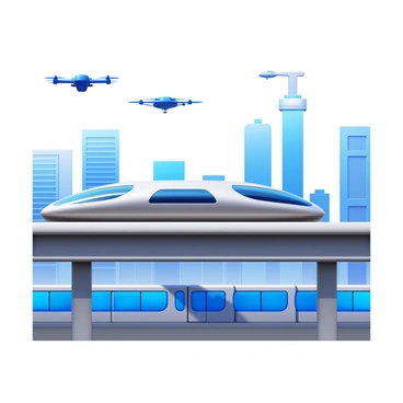 A futuristic cityscape featuring various modes of advanced transportation. A sleek maglev train glides effortlessly along an elevated track, displaying a streamlined design with metallic surfaces reflecting sunlight. Drone vehicles hover above, showcasing different shapes and sizes, some with propellers and others designed like compact wings. In the background, there are electric buses and self-driving cars, all seamlessly integrated into the urban environment. The sky is clear, and the scene conveys a sense of innovation and technological progress.