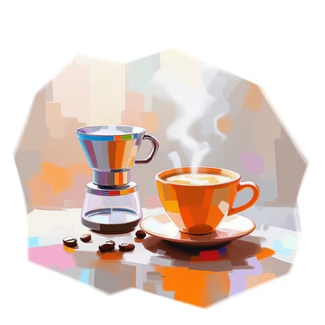 A portafilter sits next to a cozy mug of steaming coffee. The mug is ceramic, with a simple design and a warm color, emitting wisps of steam. The background features soft, blurred elements that suggest a warm and inviting space. There are small details like a wooden table surface and perhaps a few coffee beans scattered nearby, adding to the coffee theme. The overall scene conveys a sense of comfort and warmth.