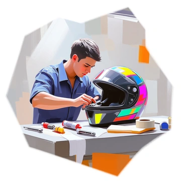 A technician with short dark hair and wearing a dark blue work shirt is focused on repairing a damaged motorcycle helmet. The technician is seated at a workbench, surrounded by various tools such as screwdrivers, pliers, and adhesive. The helmet, which is black with colorful racing stripes, is placed in front of the technician, and a portion of it is being carefully reattached. There are pieces of foam padding and a roll of tape nearby, emphasizing the repair process. Bright overhead lights illuminate the workspace, highlighting the intricate details of the helmet and tools.