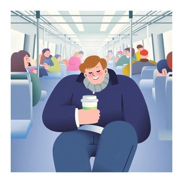 A sleepy commuter with light brown hair is sitting in a crowded subway train, holding a white coffee cup with a lid. The commuter is wearing a navy blue coat and gray scarf, with dark jeans. Around them, several passengers are standing, some holding onto metal poles, while others are engaged in their phones. The interior of the subway is filled with muted colors, including gray seats and metallic walls. The morning light filters through the windows, creating a soft glow in the space. The expression on the commuter's face reflects fatigue, with closed eyes and a slight smile, as they take a sip of coffee.