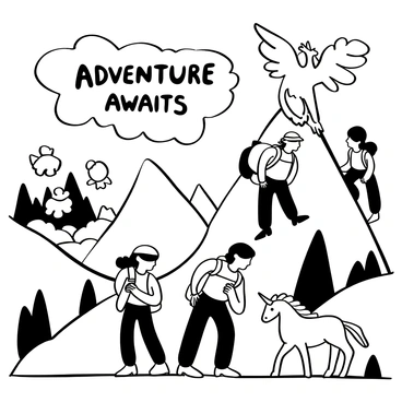A group of children, wearing backpacks and hiking gear, traversing a rugged mountain trail. The landscape features steep, rocky slopes and scattered trees. In the foreground, a griffin stands majestically on a rocky outcrop, its wings partially spread, showcasing its powerful build. Nearby, a unicorn grazes peacefully, its mane flowing gently in the breeze. In the distance, other mystical creatures can be seen among the trees, blending into the enchanting scenery. The words "Adventure Awaits" are displayed above the scene, surrounded by swirling clouds.