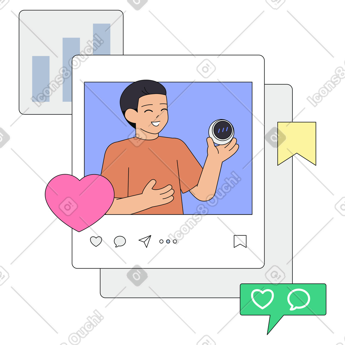 Marketing di prodotto tramite social media, analisi delle campagne sui strategia sponsorizzazione prodotti digitali illustrazione in stile Teko scarica in PNG, SVG