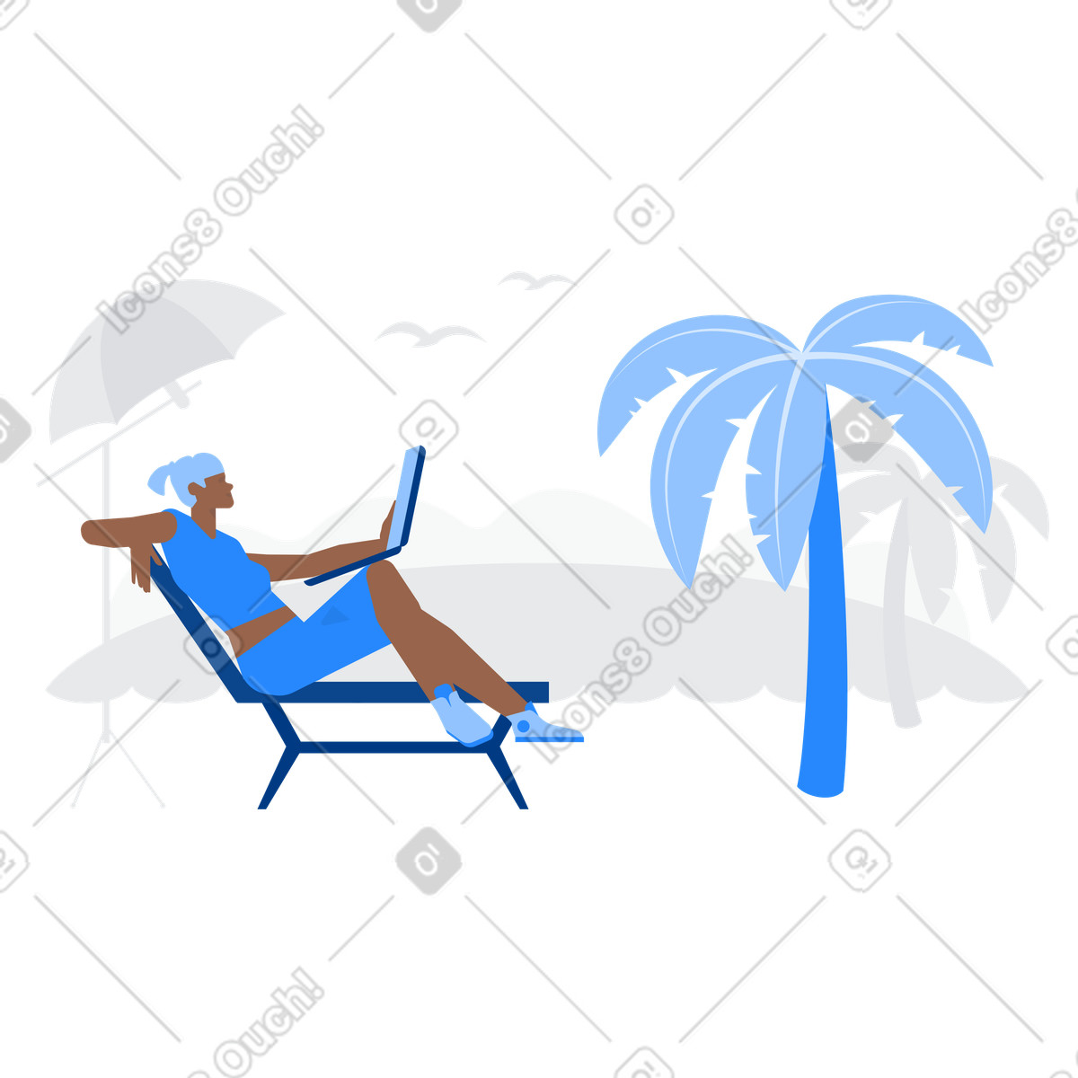 Remote worker with laptop reclining on chaise lounge, digital nomad lifestyle illustration in Urban style download in PNG, SVG
