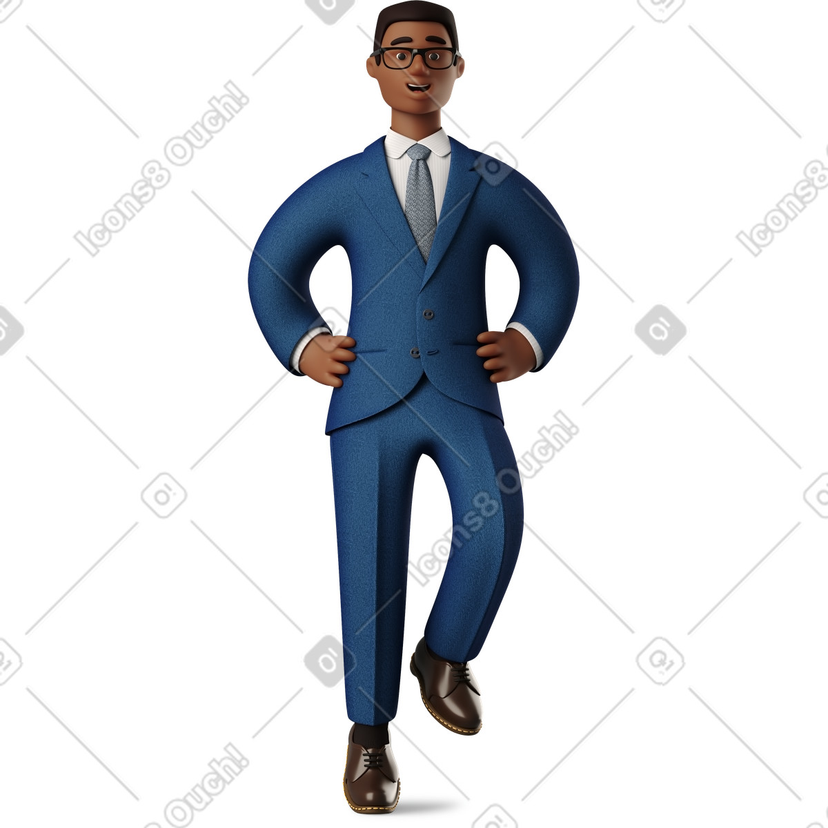 Sitting black businessman with hands on hips illustration in 3D Business style download in PNG, SVG