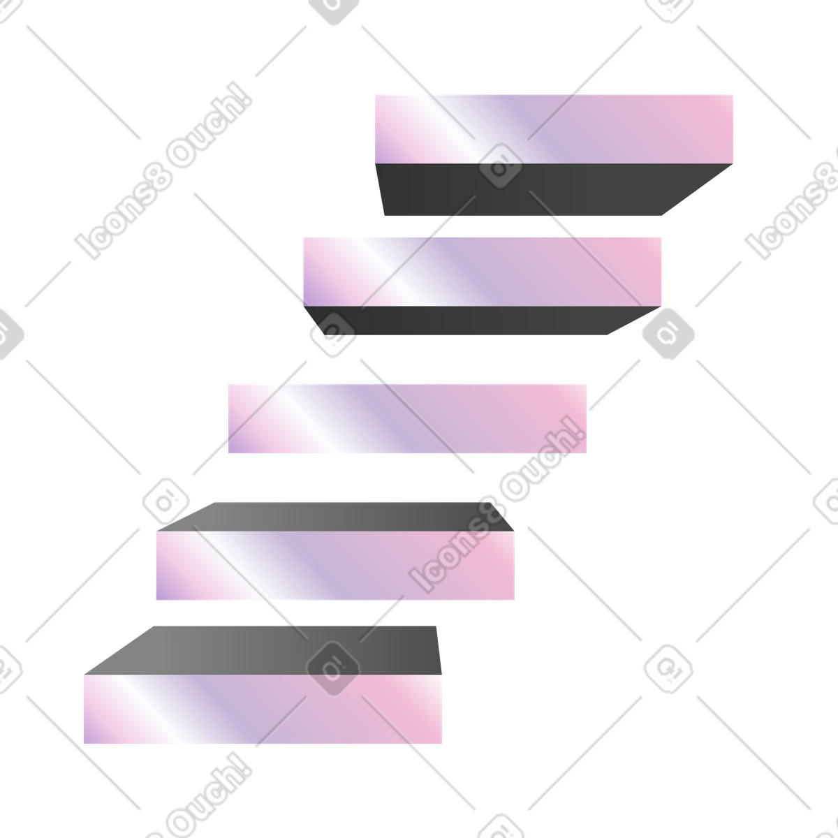 Iridescent rectangles forming steps, step by step process visual illustration in PNG, SVG