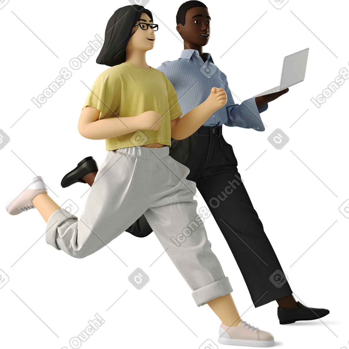 Colleagues running with laptop, workplace productivity illustration in 3D Business style download in PNG, SVG