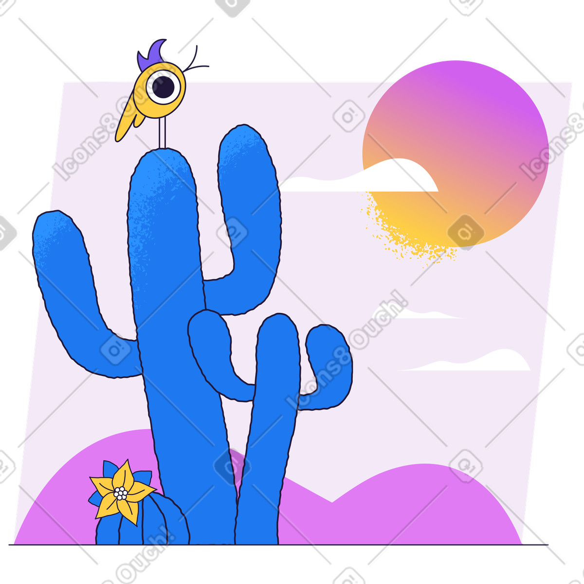 Atterraggio degli uccelli sul cactus nel deserto illustrazione in stile Conifer scarica in PNG, SVG