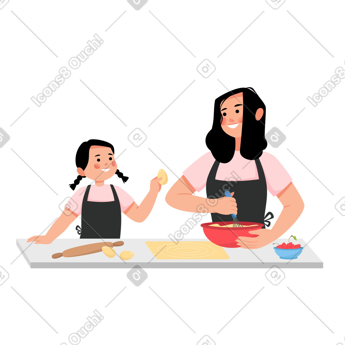 下载 Lagom 风格的 妈妈和女儿一起做饭 插画，支持 PNG、SVG 格式