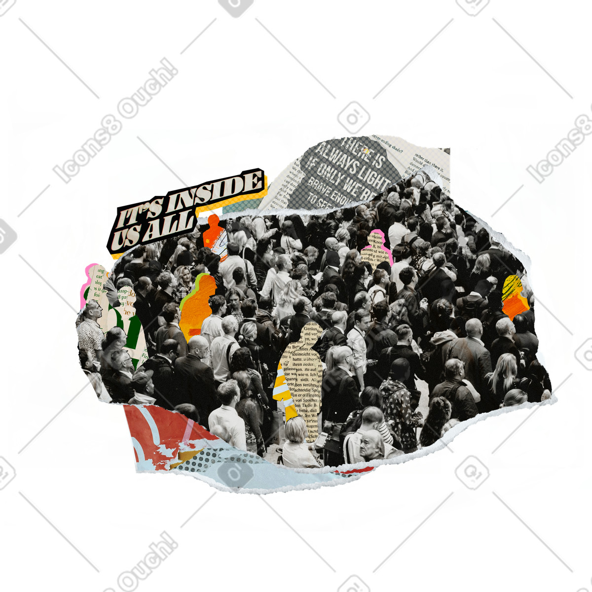 Paper Cut スタイルの Society collage, it's inside us all lettering のアニメーションイラストをGIF、Lottie (JSON)、AEでダウンロード