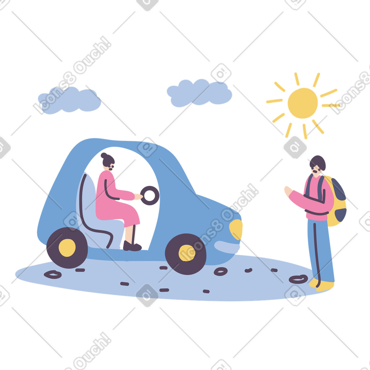 Woman driving a car up to hitchhiker illustration in Pluto style download in PNG, SVG