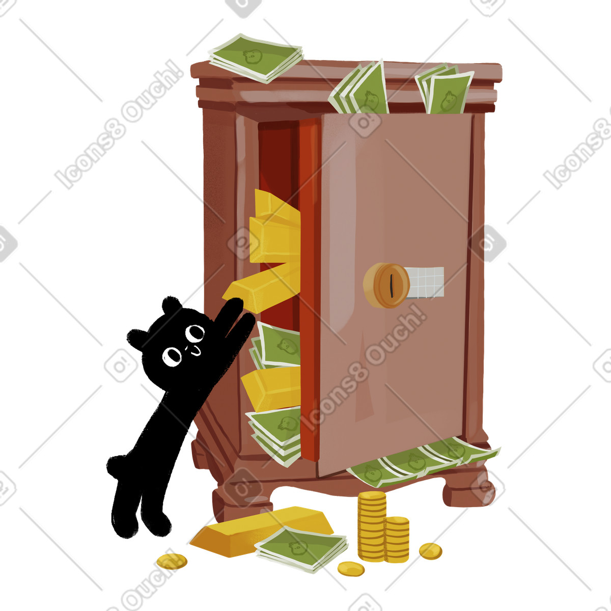 Keeping money and gold in a safe illustration Ikigai style download PNG, SVG